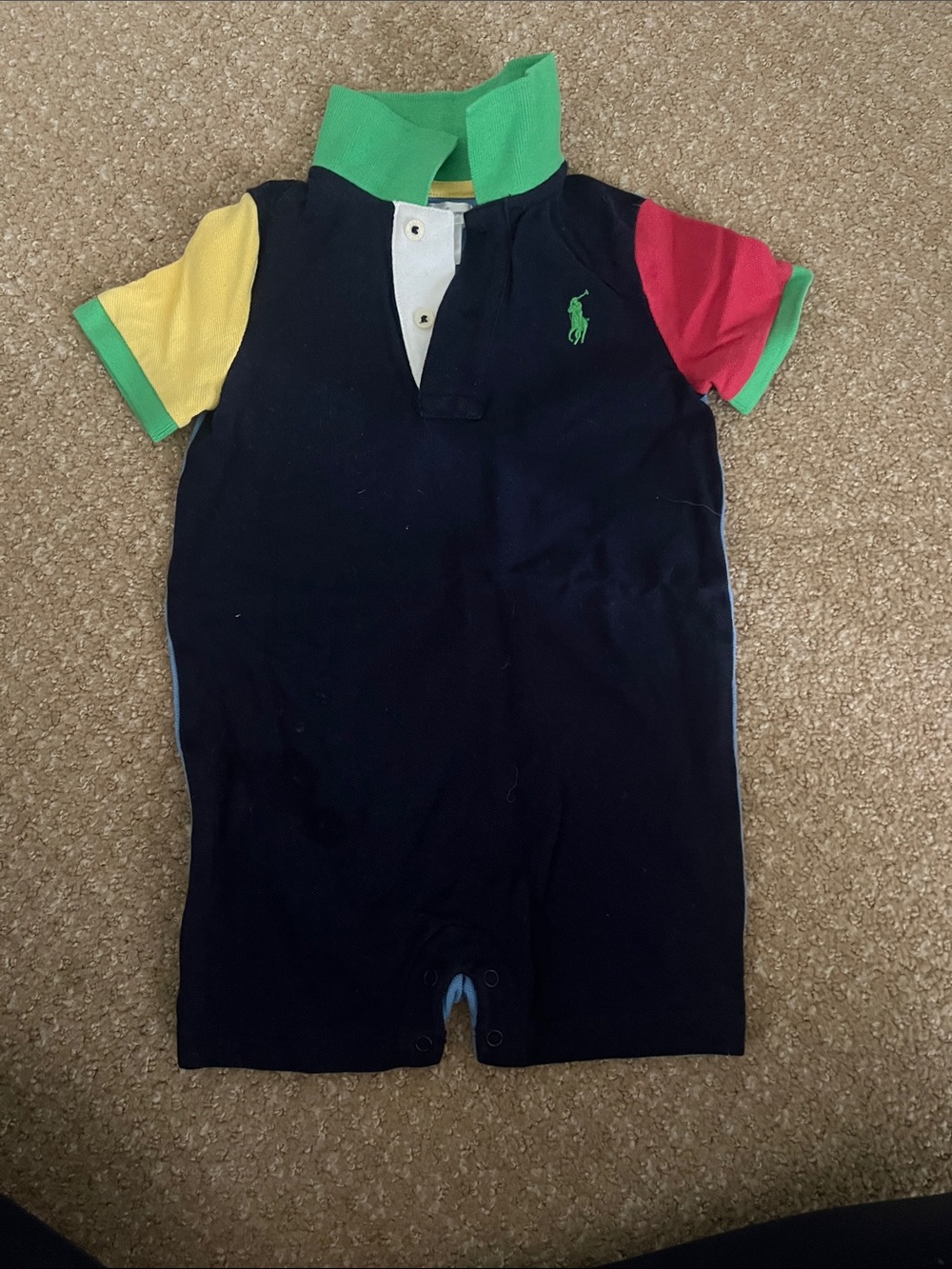 Ralph Lauren Navy Polo One-Piece with Green, Yellow & Red Accents